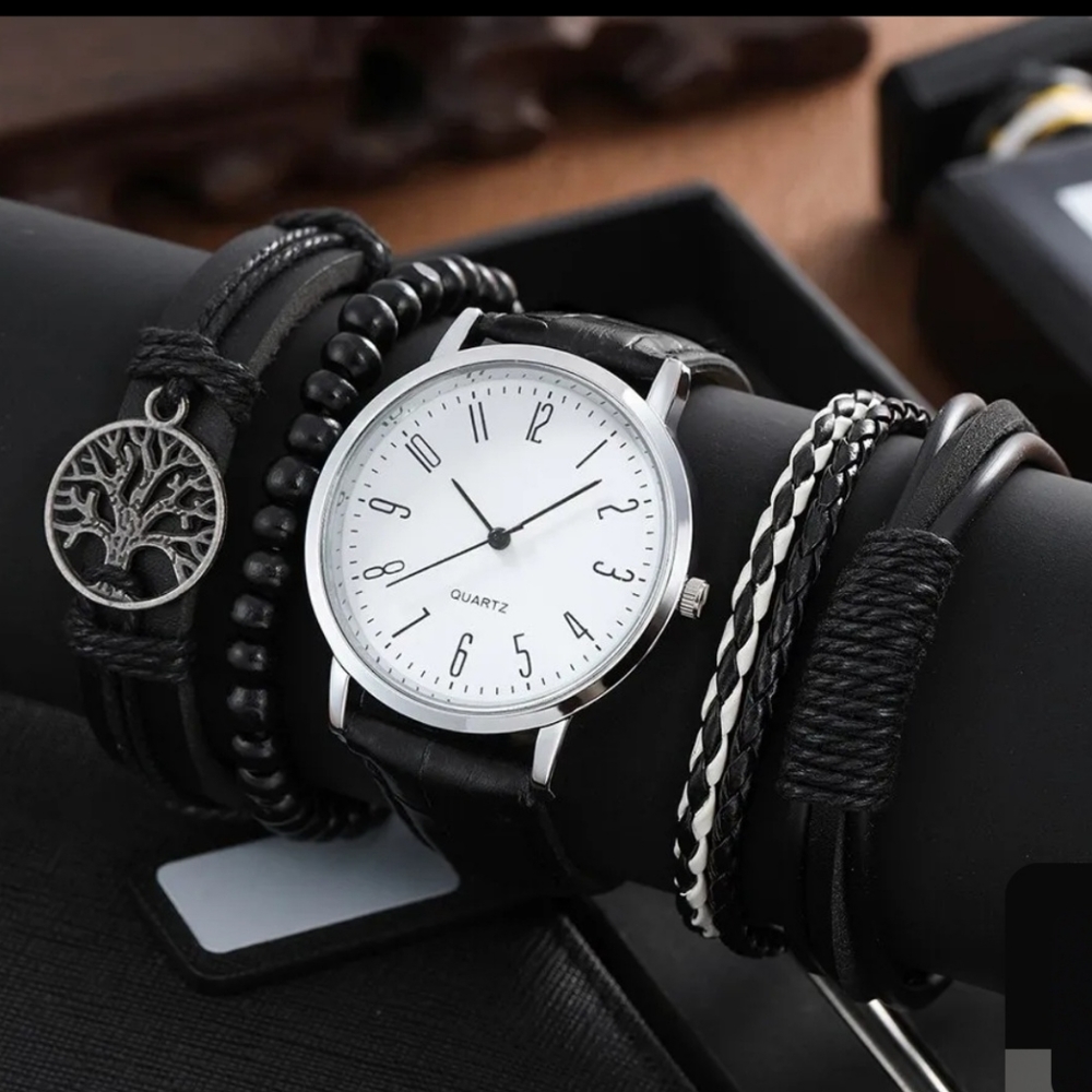 4pcs of brown and black  leather watch and bracelet - Picture 9 of 12